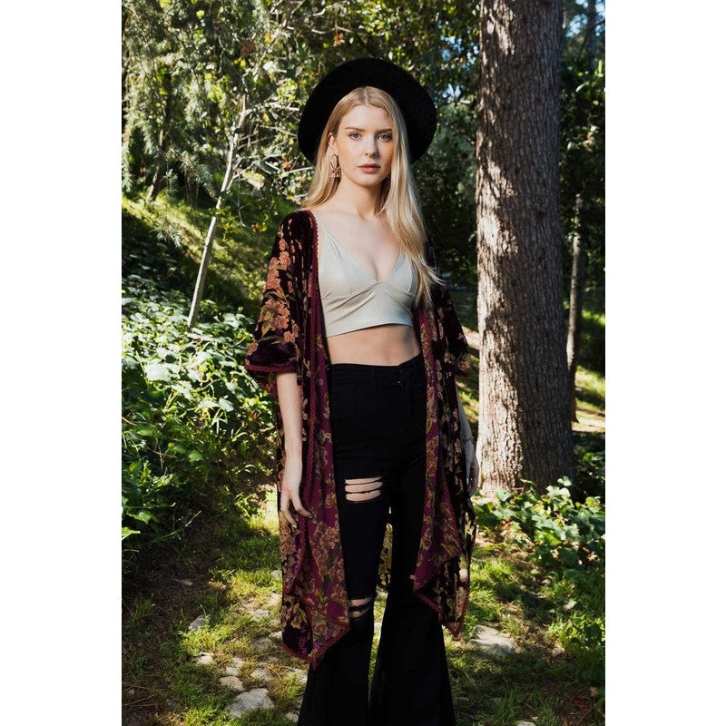 Floral Velvet Burnout Kimono w/ Armholes