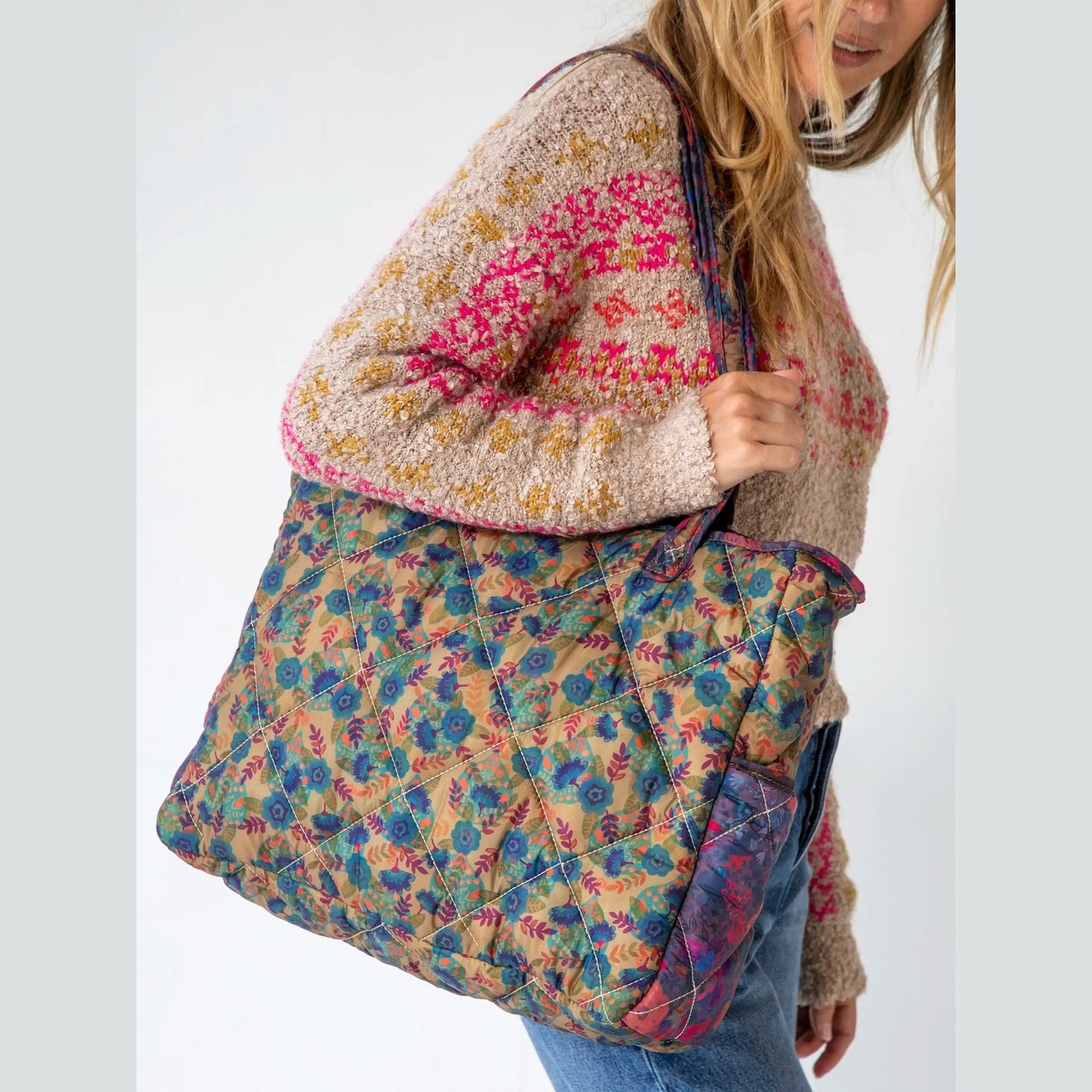 Reversible Puffy Tote Bag - Large, Floral Garden