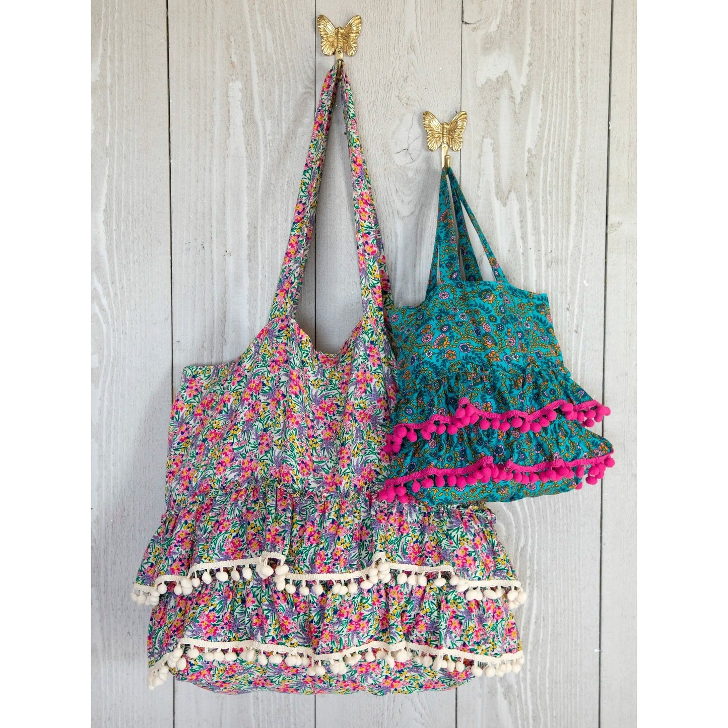 Mini Ruffle Tote Bag - Turquoise Ditsy Vines