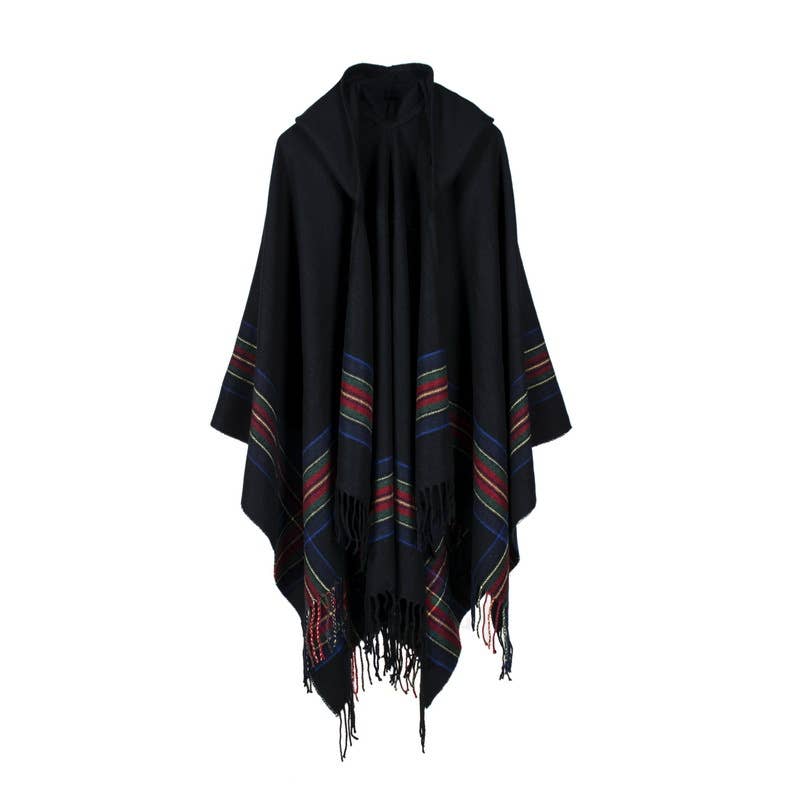 Classic plaid faux wool tartan hooded ruana fringed shawl