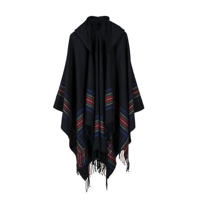 Classic plaid faux wool tartan hooded ruana fringed shawl