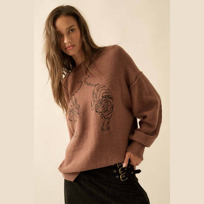 Embroidered Tigers Solid Knit Exposed-Seam Sweater - The Feral Market