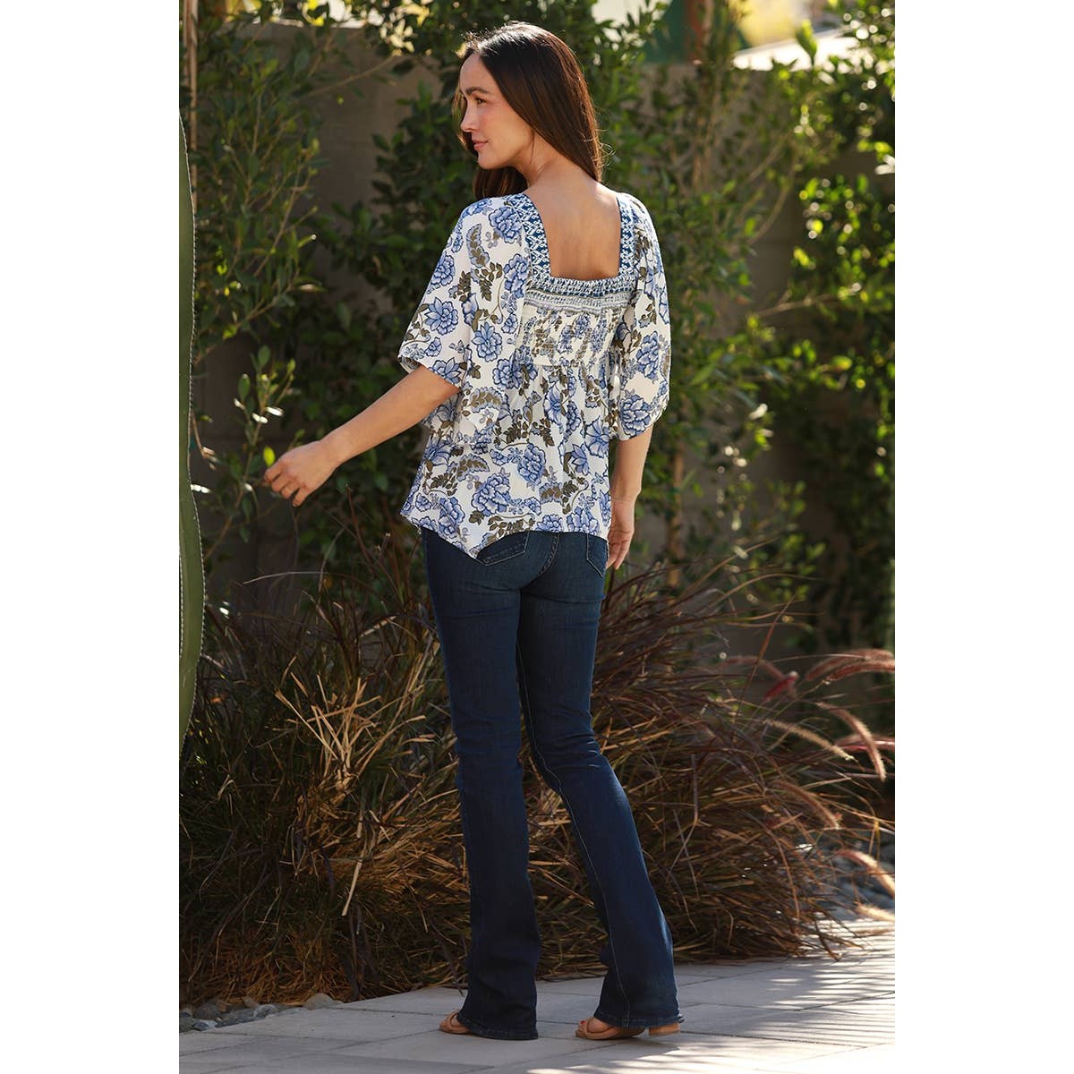 Blue Floral Flowy Smocked Top