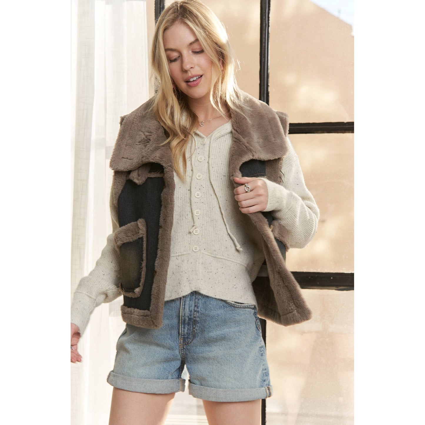 Knit Henly Denim Faux Fur Vest