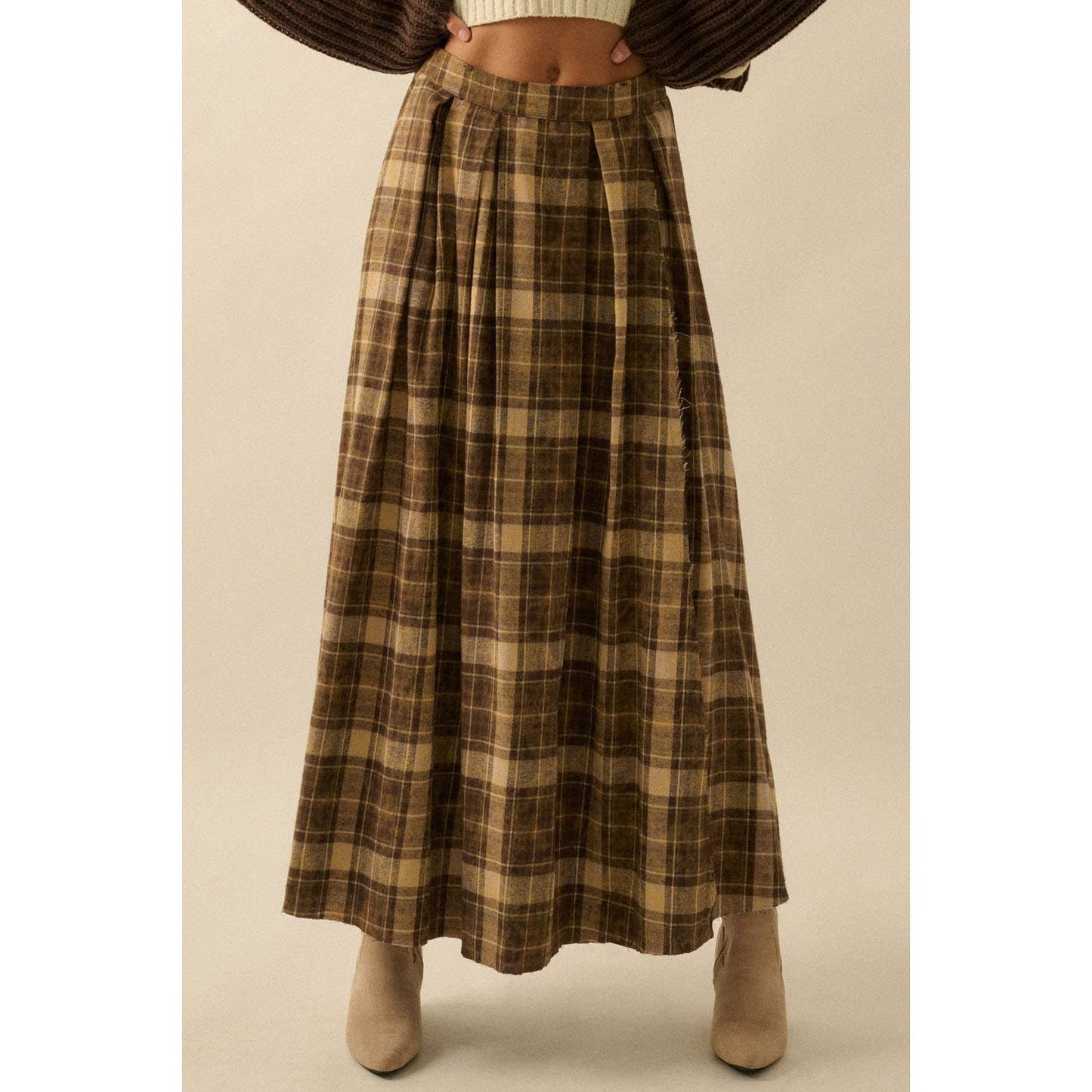 Plaid Flannel Pleated Wrapped Raw-Edge Maxi Skirt