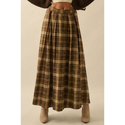 Plaid Flannel Pleated Wrapped Raw-Edge Maxi Skirt