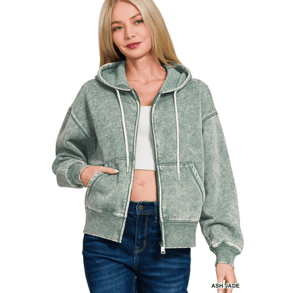 Acid Wash Fleece Cropped Zip Hoodie