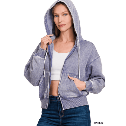 Acid Wash Fleece Cropped Zip Hoodie
