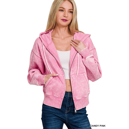 Acid Wash Fleece Cropped Zip Hoodie