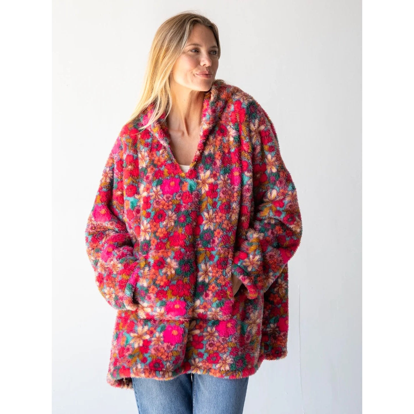 Oversized Blanket Hoodie - Turquoise Pink Retro Floral