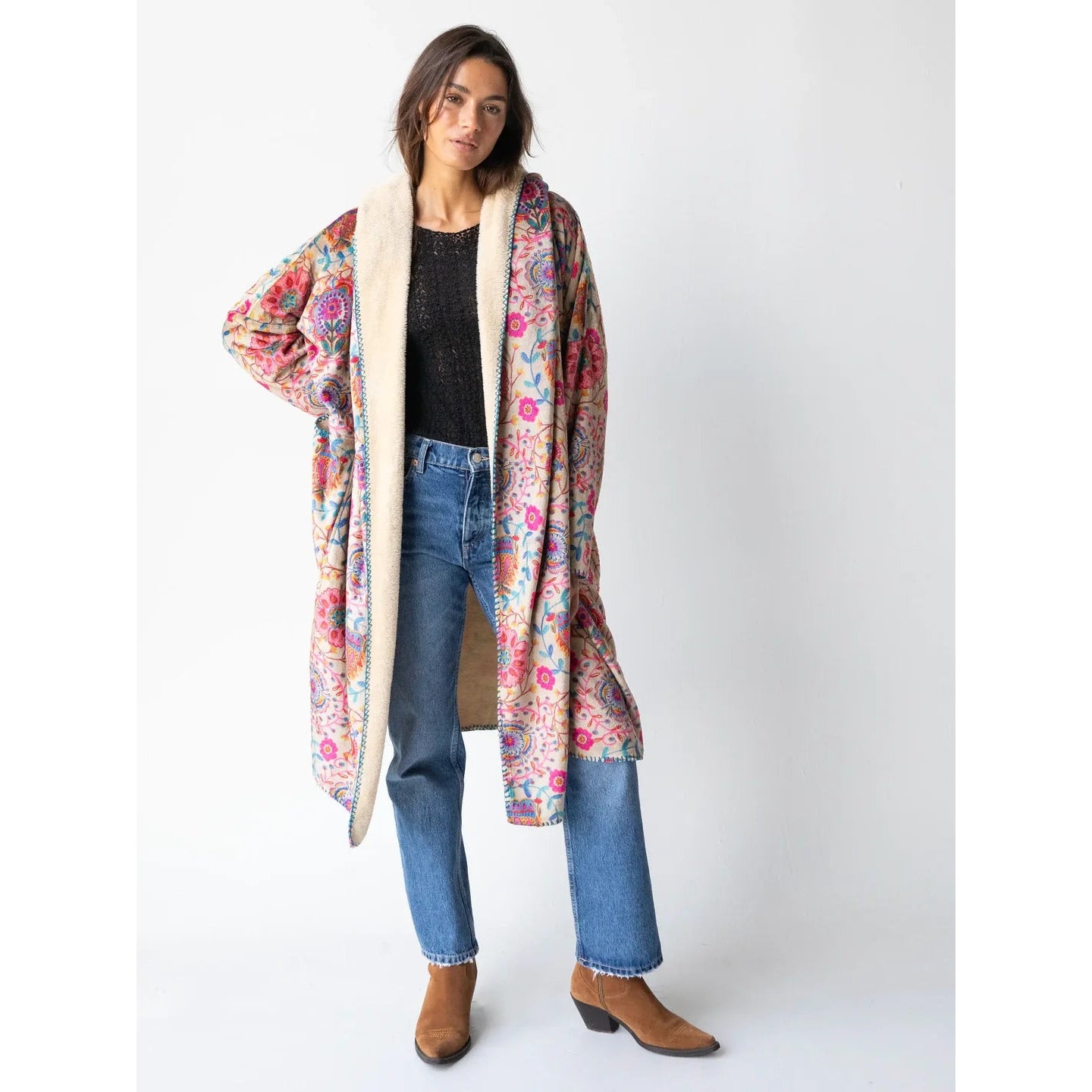 Long Cozy Blanket Kimono - Cream Printed Folk Circles