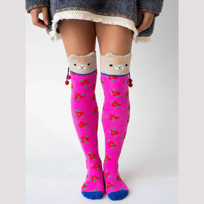 Over-the-Knee Critter Cozy Socks - Hot Pink Llama