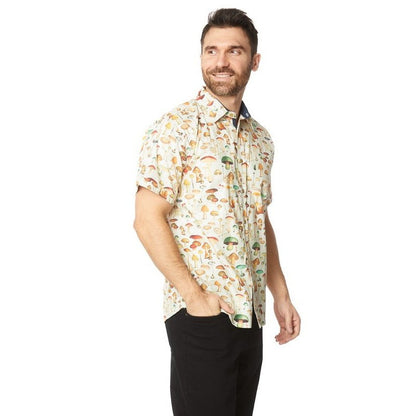 Men's Mushroom Print Canvas Short Sleeve Flat Collar Solid Shirt