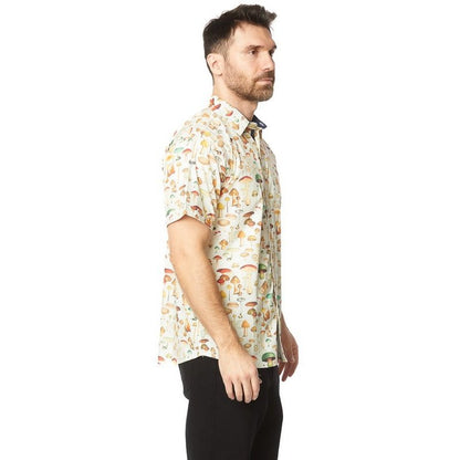 Men's Mushroom Print Canvas Short Sleeve Flat Collar Solid Shirt
