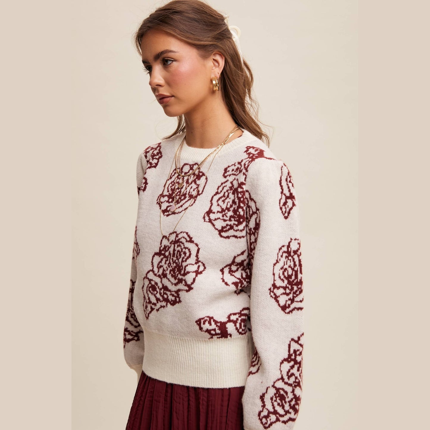 Floral Jacquard Puff-Sleeve Sweater