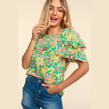 Green Flower Fields Ruffle Sleeve Blouse Top