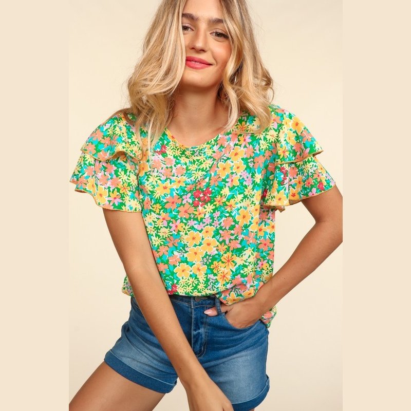 Green Flower Fields Ruffle Sleeve Blouse Top