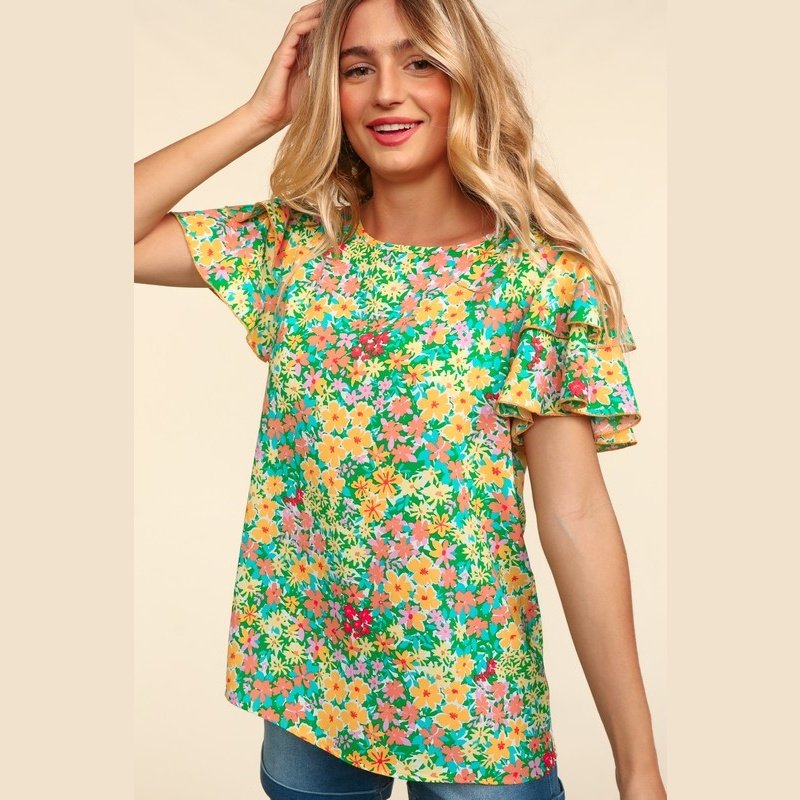 Green Flower Fields Ruffle Sleeve Blouse Top