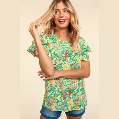 Green Flower Fields Ruffle Sleeve Blouse Top