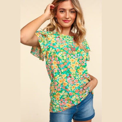 Green Flower Fields Ruffle Sleeve Blouse Top