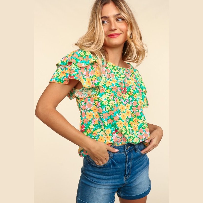 Green Flower Fields Ruffle Sleeve Blouse Top