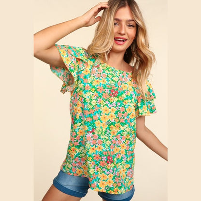 Green Flower Fields Ruffle Sleeve Blouse Top