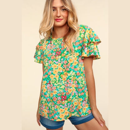 Green Flower Fields Ruffle Sleeve Blouse Top