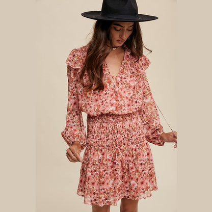 Floral Print Ruffle Smocked Dress