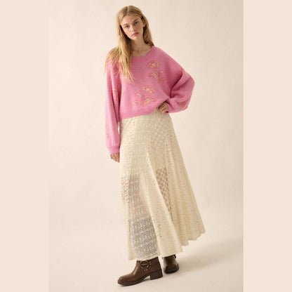 Floral Knit Cropped Dolman-Sleeve Sweater