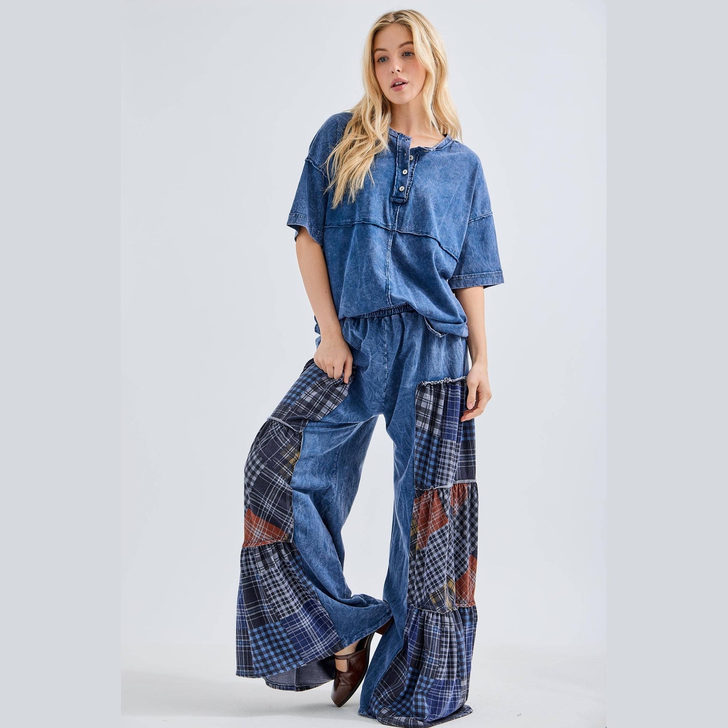 Mineral Washed Tiered Plaid Wide Flare Pants