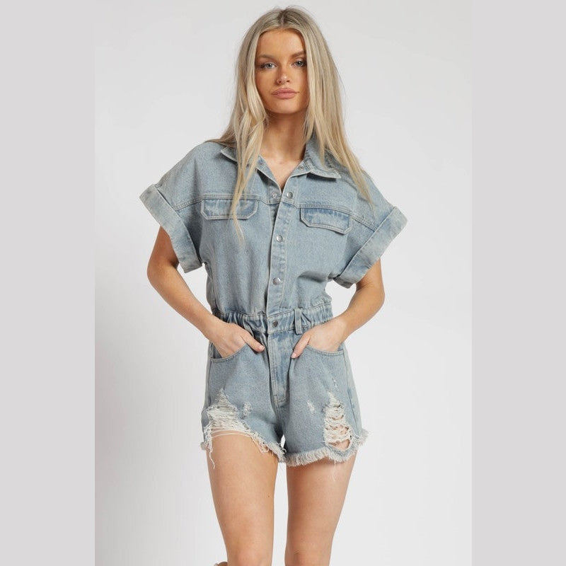 Skylar Distressed Denim Romper