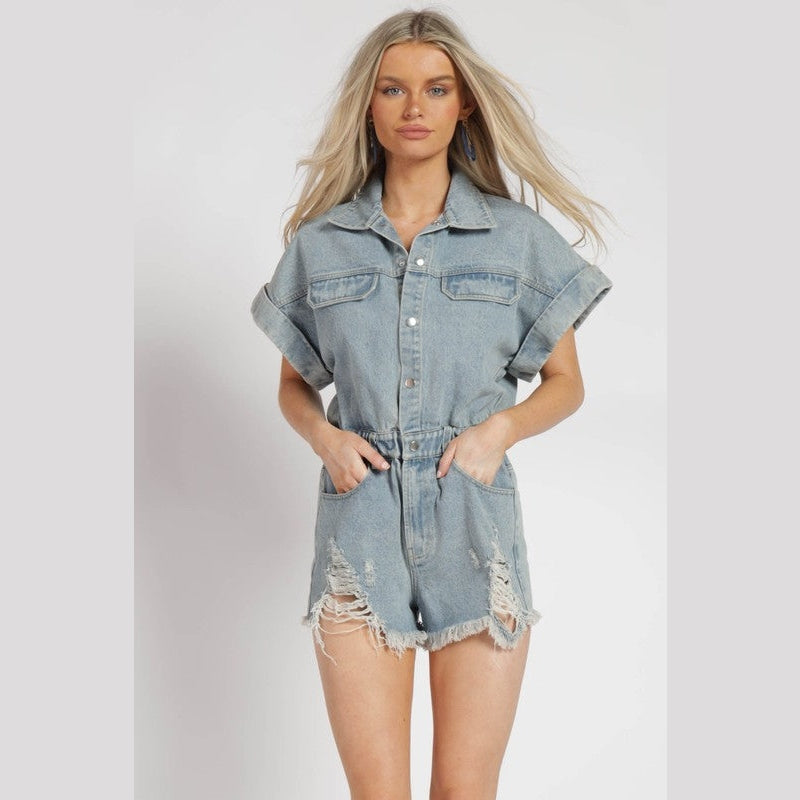 Skylar Distressed Denim Romper