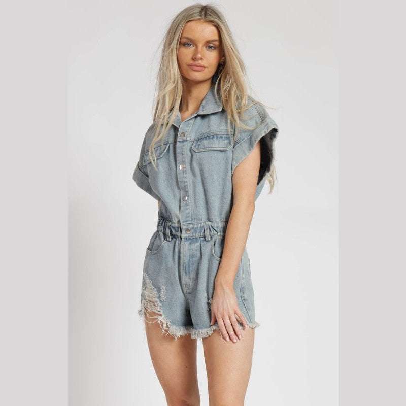 Skylar Distressed Denim Romper