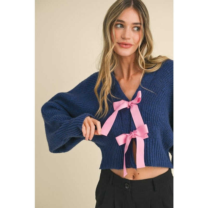 Heather Ribbon Tie Sweater Cardigan