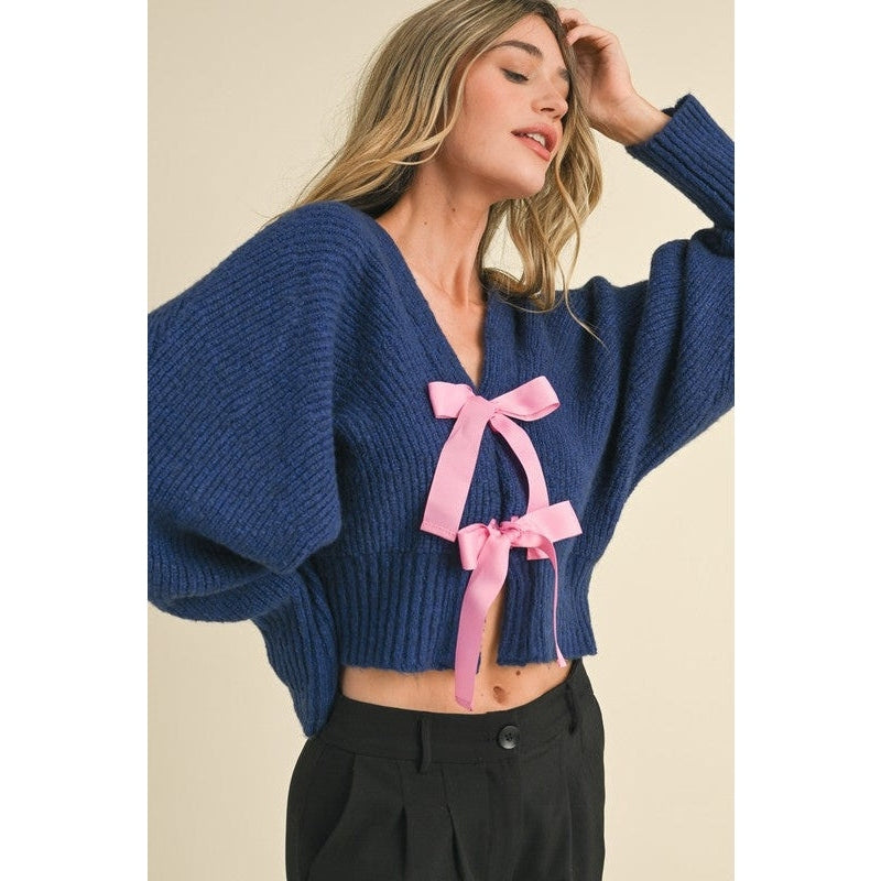 Heather Ribbon Tie Sweater Cardigan