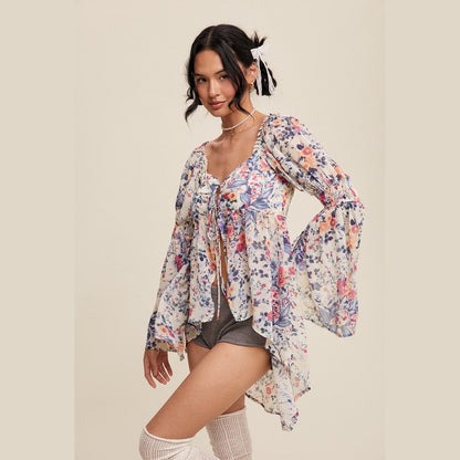 Floral Print Drapey Tie Front Bell Sleeve Blouse