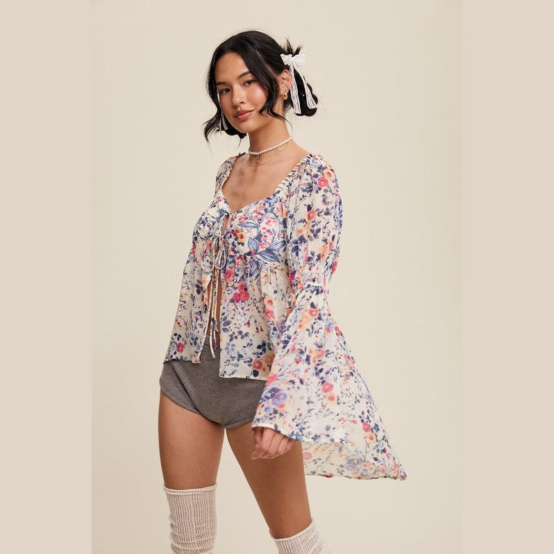 Floral Print Drapey Tie Front Bell Sleeve Blouse