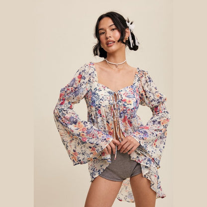 Floral Print Drapey Tie Front Bell Sleeve Blouse