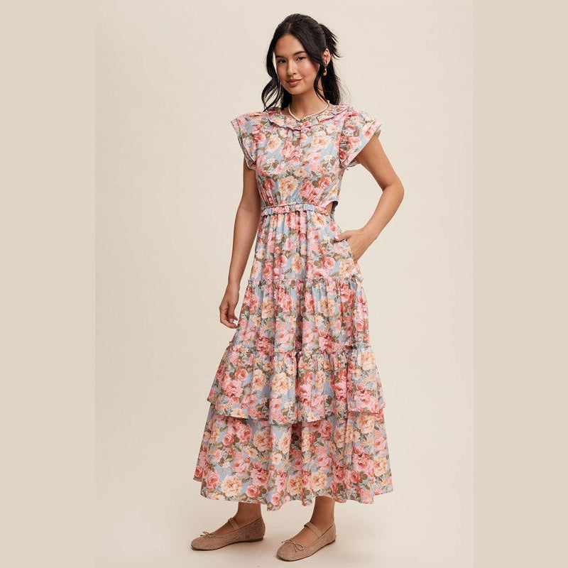 Floral Print Ruffled Side Cutout Maxi Dress