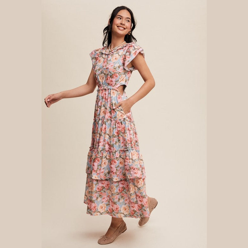 Floral Print Ruffled Side Cutout Maxi Dress