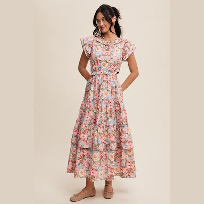 Floral Print Ruffled Side Cutout Maxi Dress