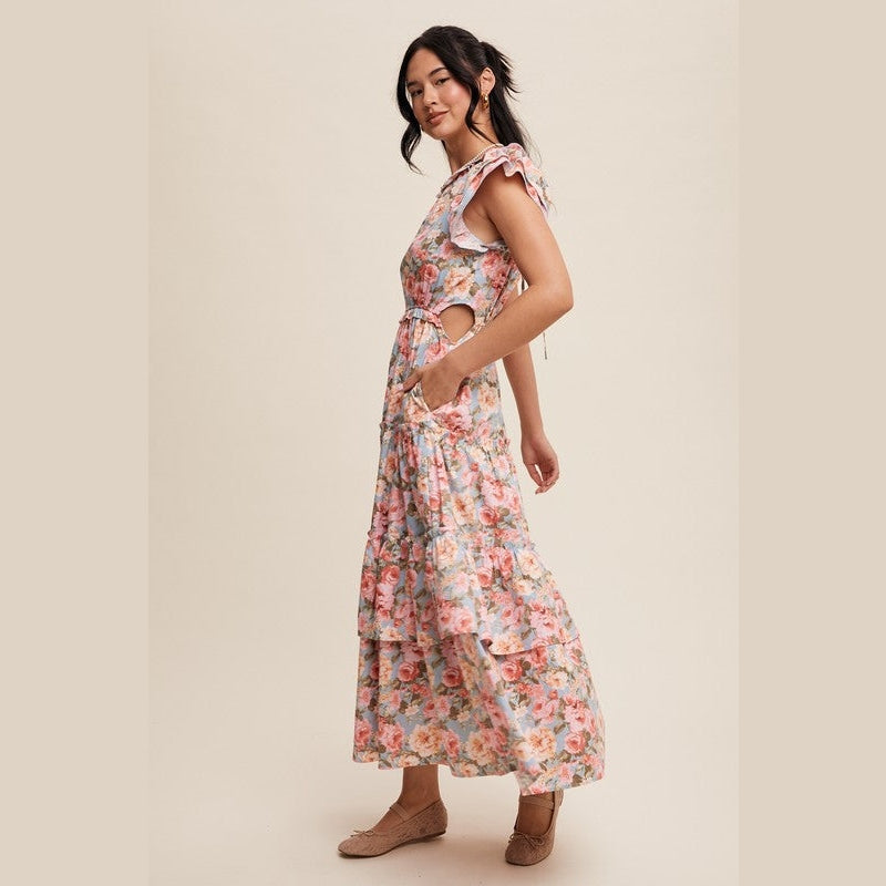 Floral Print Ruffled Side Cutout Maxi Dress