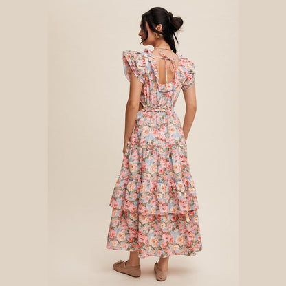 Floral Print Ruffled Side Cutout Maxi Dress