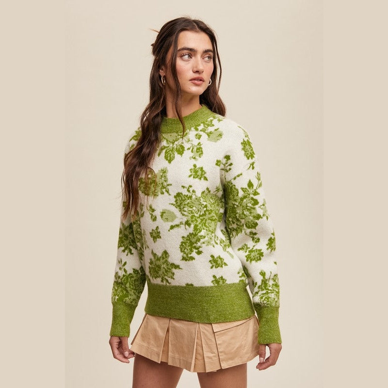 Refined Floral Design Crew Neck Knit Sweater