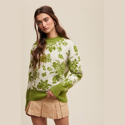 Refined Floral Design Crew Neck Knit Sweater