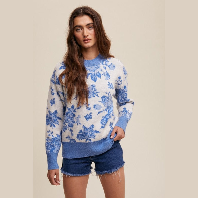 Refined Floral Design Crew Neck Knit Sweater