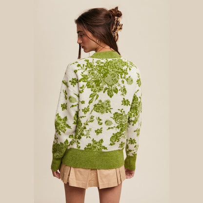 Refined Floral Design Crew Neck Knit Sweater