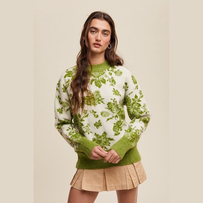 Refined Floral Design Crew Neck Knit Sweater