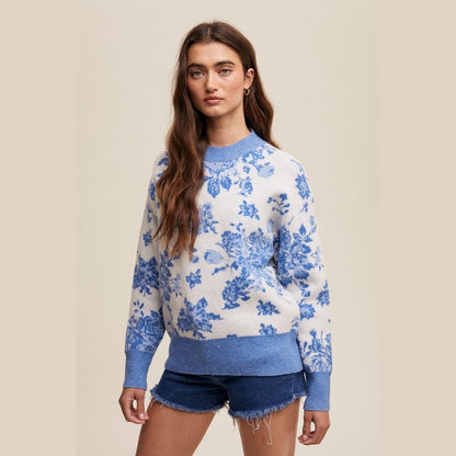 Refined Floral Design Crew Neck Knit Sweater