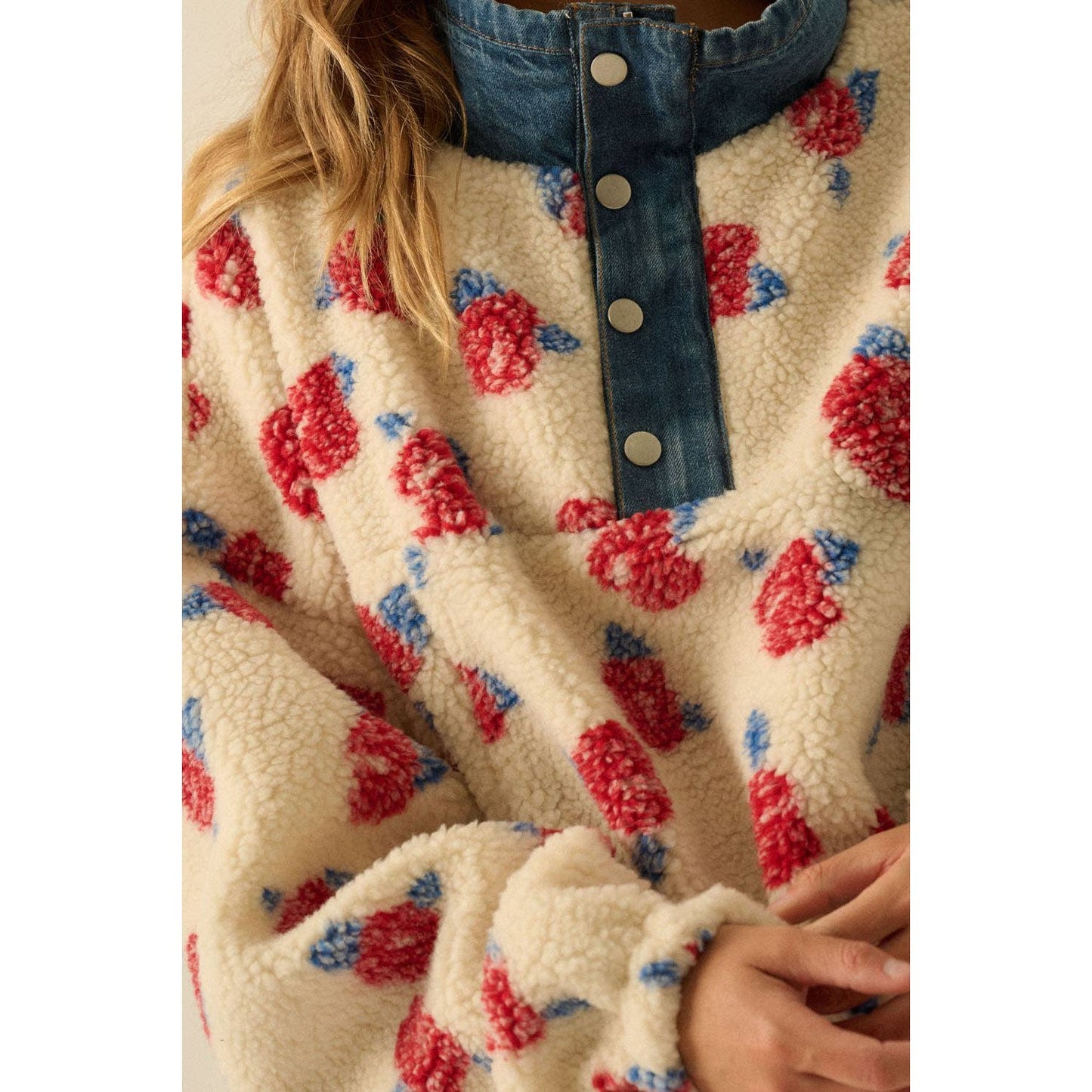 Floral Fleece and Denim Half-Snap Pullover